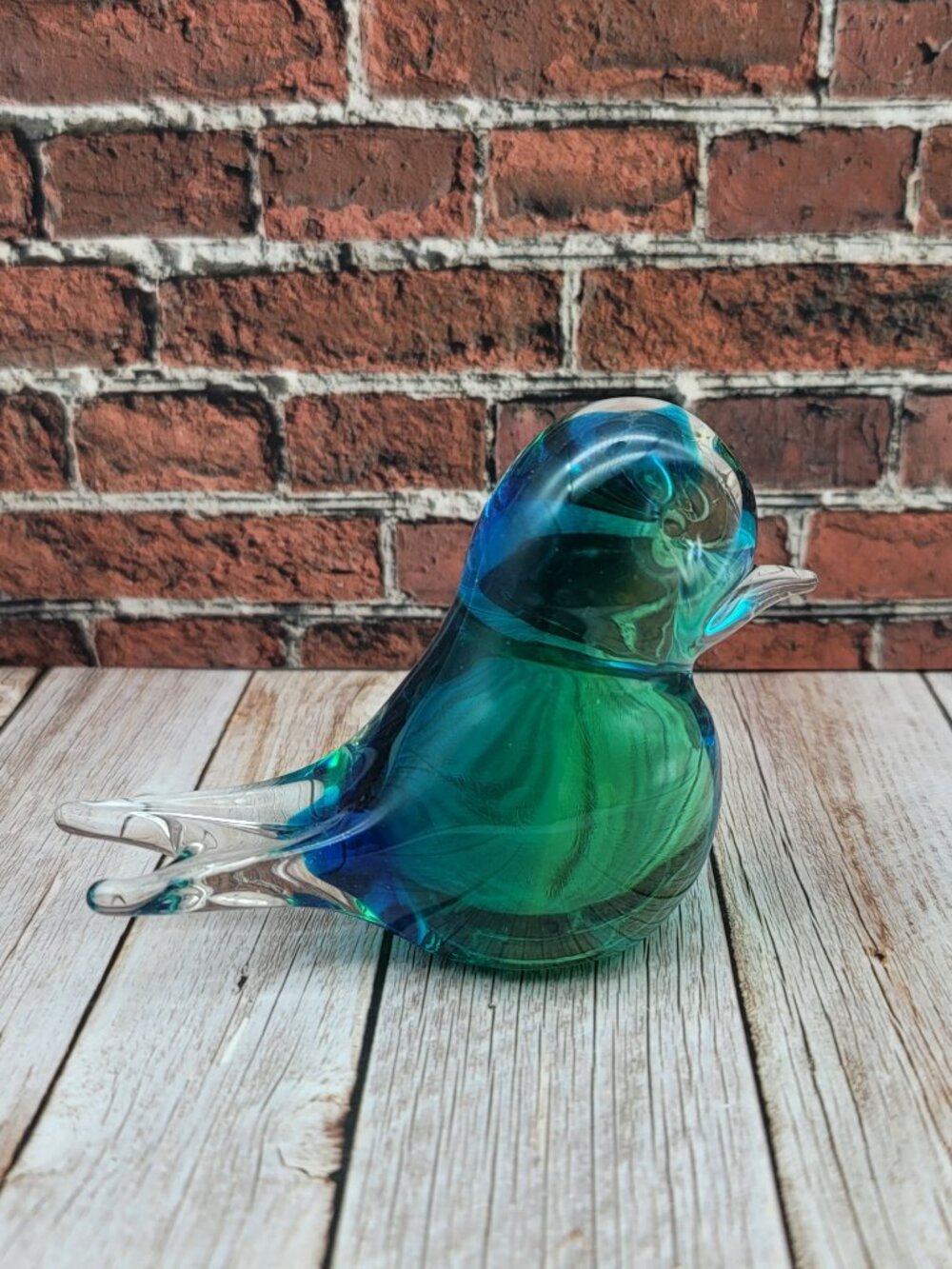 Vintage Murano Sommerso Blue Green Art Glass Sparrow Figurine Paperweight